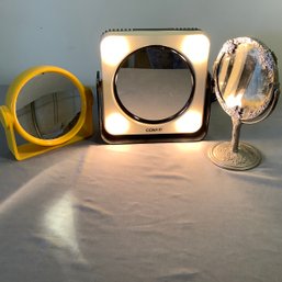 3 Vanity Top Mirrors, One Conair Lighted With Flip Side Magnified, Dual Sided Yellow And Metal Pedestal