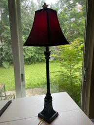 Buffet Lamp, Bronzed Cross Hatch Detailing, Dark Red Shade