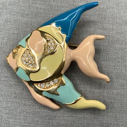 Large Enameled Angel Fish Pin In Teal, Coral, Yellow, Gold And Rhinestones