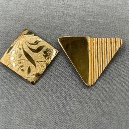 2 Modern Bold Pins, Triangle Design And Etched Floral, Both Gold Tone