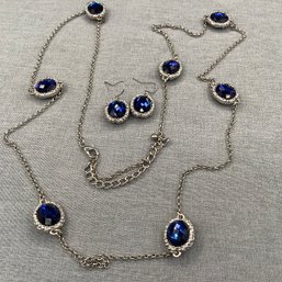 Costume Jewelry: Earrings And Long Necklace Silver Tone With Blue Stones