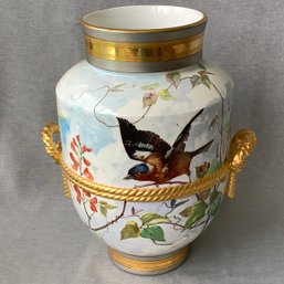Large 10 Inch Porcelain Wide Mouth Vase With Gold Rope Embellishments