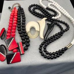 Bold 1980s Red, Black And White Costume Jewelry, 3 Pins, 2 Pair Earrings, 2 Necklaces