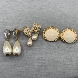 3 Pair Costume Earrings, Faux Pearls, Rhinestones, Gold Tone