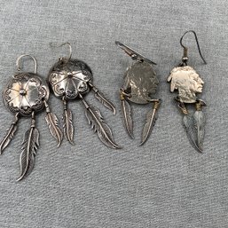 2 Pair Earrings, One Made From Real 1936 Buffalo Or Indian Head Nickels, Both Have Dangling Feathers