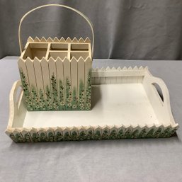 Wooden Tray And Painted Picket Fence Wine Caddy