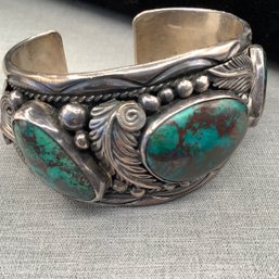 Sterling Silver Navajo Signed Frances Begay Large Cuff Bracelet With 3 Cabochon Turquoise Stones