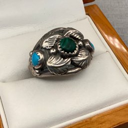 Authentic Signed Richard Begay Navajo Sterling Silver Ring With Turquoise And Malachite