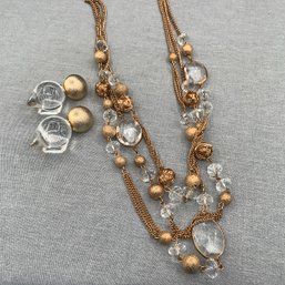 Triple Drop Costume Necklace Gold Balls, Rope Balls, Crystals And Large Teardrop Modern Clip Earrings