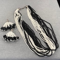 Black And White Micro Bead Multi Strand Necklace And Earrings