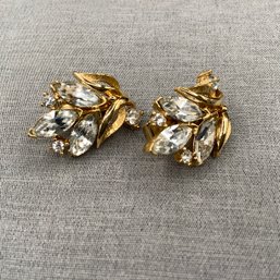 Clip Fashion Earrings, Gold Toned With Marquis And Round Rhinestones