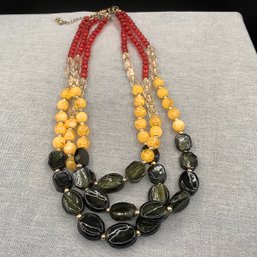 3 Strand Beaded Necklace-red, Clear, Deep Green And Yellow