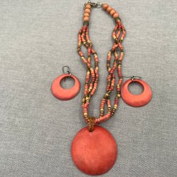 Wooden Coral Colored Beaded Necklace And Earrings