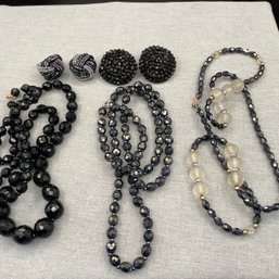 3 Costume Black Beaded Necklaces And 2 Pair Earrings