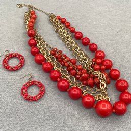 Costume Jewelry Set, Necklace And Earrings. Red Beads, Gold Tone Chain, Signed Robert Rose