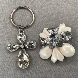 Bold Brooch With Large White And Rhinestone Flower Design And Keyring Cross- Large Pear Shaped Rhinestones