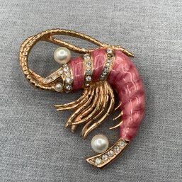 Enameled Shrimp Brooch, Great Detailing With Rhinestones, Bead Pearls And Gold Tone