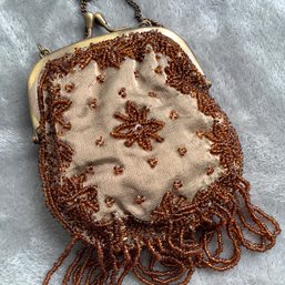 Vintage Taupe Pure Silk Beaded Small Purse With Long Chain, Indian