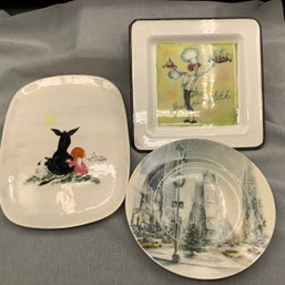3 Decor Dishes, Hand Painted Angel With Donkey And Sheep, Cake Plate, NY Scene