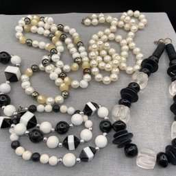 4 Black And White Beaded Necklaces And Faux Pearl Necklace