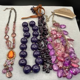 4 Necklaces, Plums, Pinks And Mauves, Including One Purple Corn Necklace