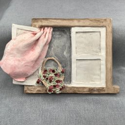 Morning Breeze Small Wall Art Decor Of Open Window, Flowing Curtain And Basket Of Flowers, Signed Gallagher