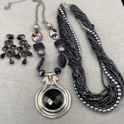 Costume Jewelry In Tones Of Black And Silver Multi-strand Bead Necklace, Large Pendant And Black Drop Earrings