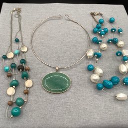 3 Costume Necklaces With Beads In Colors Of White, Turquoise, And Brown