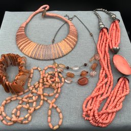 Coral Colored Jewelry Made With Beads, Shells, And Fabric. 4 Necklaces, One Bracelet