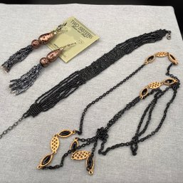 Black Beaded Bracelet, Handcrafted Glassworks Earrings, Long Black Chain Necklace
