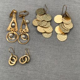 3 Pair Costume Earrings All Gold Toned