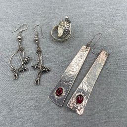 3 Pair Earrings, One With Giraffe, Lion, Rhino, Silver Toned Hoops And Hammered Metal With Stone