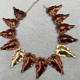 Bronze And Gold Colored Hammered Hearts Or Tin Leaves Necklace