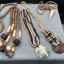 4 Necklaces, Beads, Cord, Shell And Wood