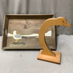 Wood Duck Banana Hangar & Wooden Painted Nautical Tray With Seagull And Lighthouse