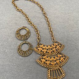 Vintage Ornate Bib Necklace, Woven Golden Beads Earrings