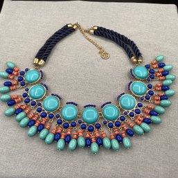 Signed EL Multi Layered Necklace In Blue, Turquoise And Coral Colors With Gold Accents