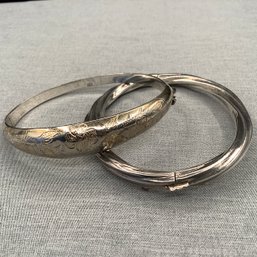 2 Sterling Silver 925 Bangle Bracelets, Twisted Silver And Etched Floral Design