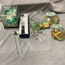 3 Glass Swizzle Sticks, Candle With Glass Beads, Mikasa Dolphin Stopper, Prisms, & Bags Of Floral Accent Glass