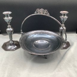 Antique Morgan Silver Co Boston Silverplate Bride's Basket & Victor Silver Co Candlesticks