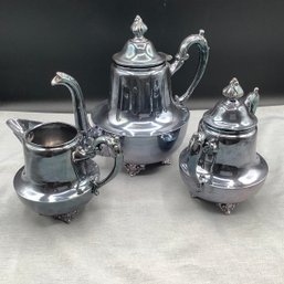 Sheffield Silverplate Tea / Coffee Set, Tea Pot With Serpent Spout, Creamer And Sugar