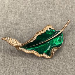 Enameled Bent Green Leaf Brooch With Rhinestones