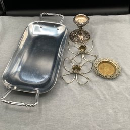 Brass Italian Trinket Dish, Godinger Candlestick, Buenilum Serving Tray And Floral Bent Metal Candlesticks