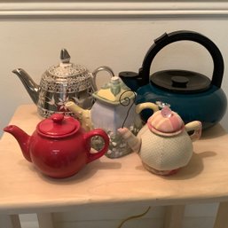 4 Tea Pots And One Fabric Handmade Teapot Photo Holder, Staffordshire Lustre, Modern Teal, Sakura