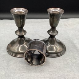 Sterling Silver Napkin Ring And Sterling Candlesticks