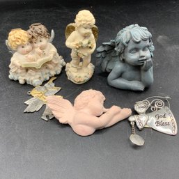 Angel Figurines. Resin Heaven's Bundles Peter & Paulette, 2 Metal Ornaments