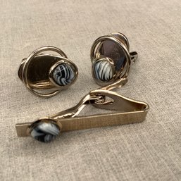 Tie Bar And Cufflink Matching Set With Black And White Swirled Stones And Asymmetrical Loops