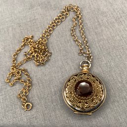 Vintage Avon Pocket Watch Shape Locket With Amber Stone Center And 30 Inch Chain Necklace