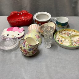 Porcelain And Glass Lot,Royal Minton English Creamer, Hello Kitty Tray, Crab, Campbells Soup