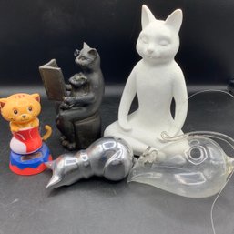 Anthropomophic Cat Sculptures: Reading Book Wearing Glasses, Yoga Cat Plus Hanging Mouse, Solar Cat